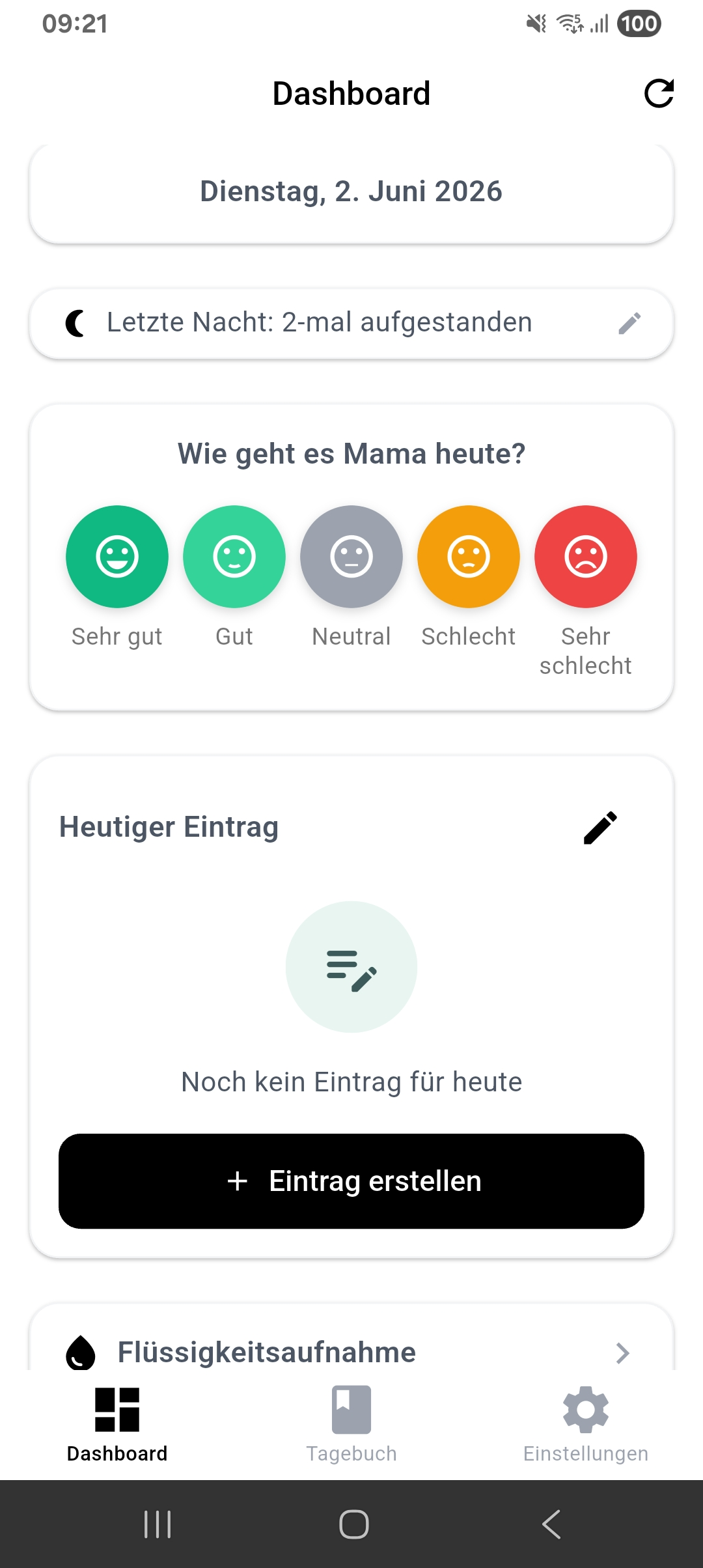MeinPflegetagebuch App - Tagesübersicht mit Stimmung, Nachtruhe und Trinkmenge