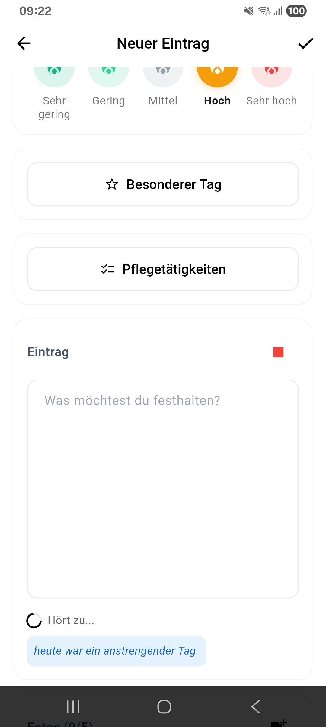 Neuer Eintrag mit Spracheingabe und Pflegeaufwand