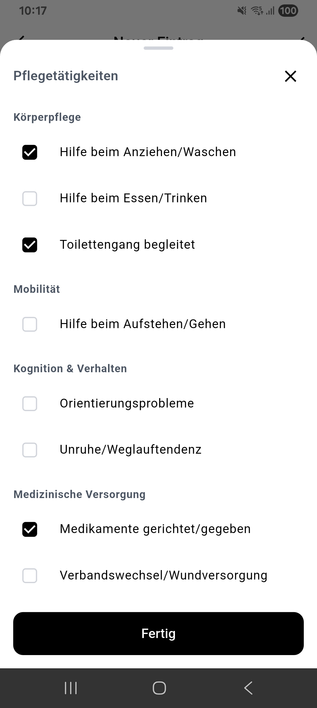 Pflegetätigkeiten auswählen mit Selbstständigkeitsgrad, gruppiert nach NBA-Pflegebereichen